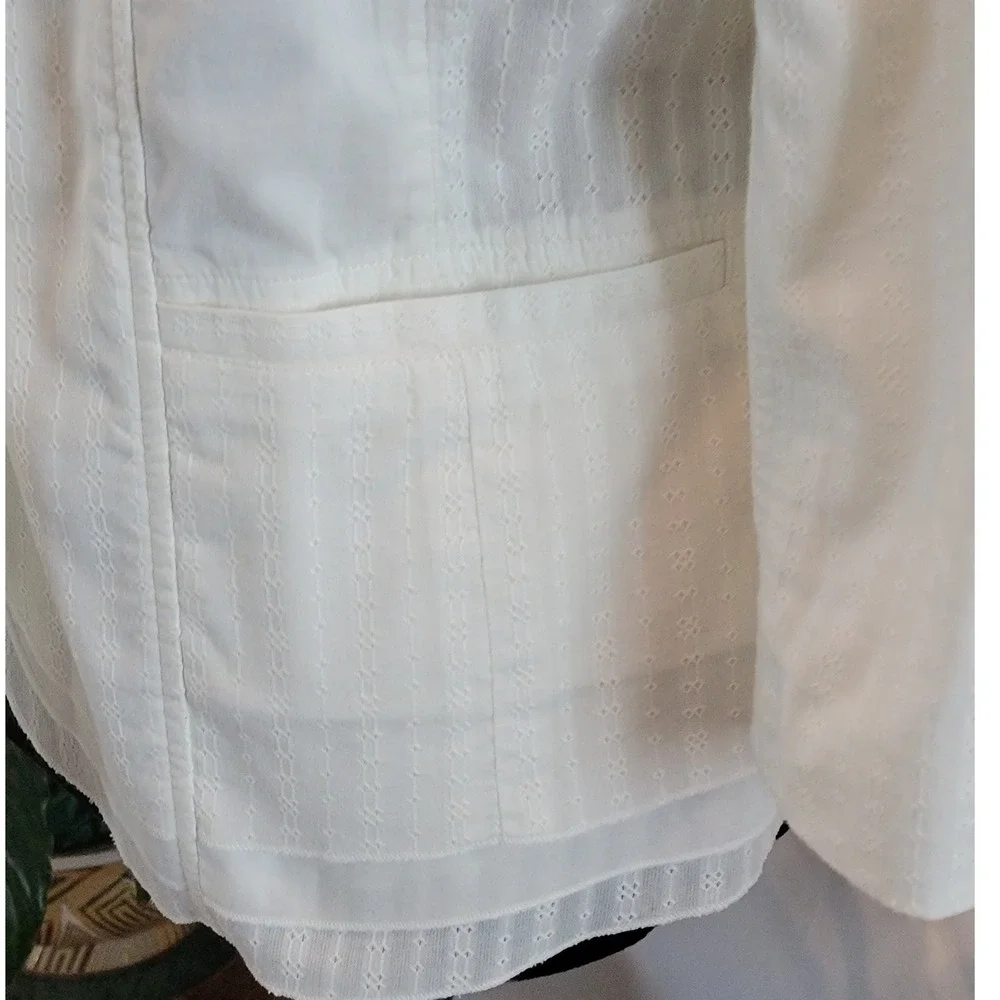 J. Jill White Eyelet Blazer Jacket Single Button 3/4 Sleeve Peplum Hem Womens 10